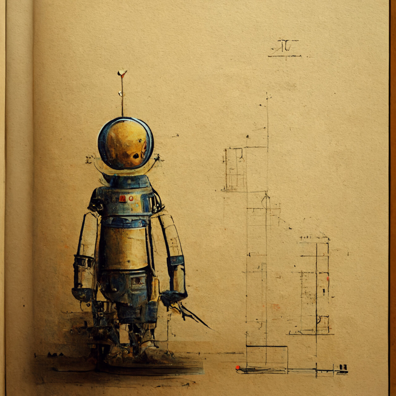 Blauwdruk van een intelligente robot in de stijl van Leonardo da Vinci - © Pieter Beens