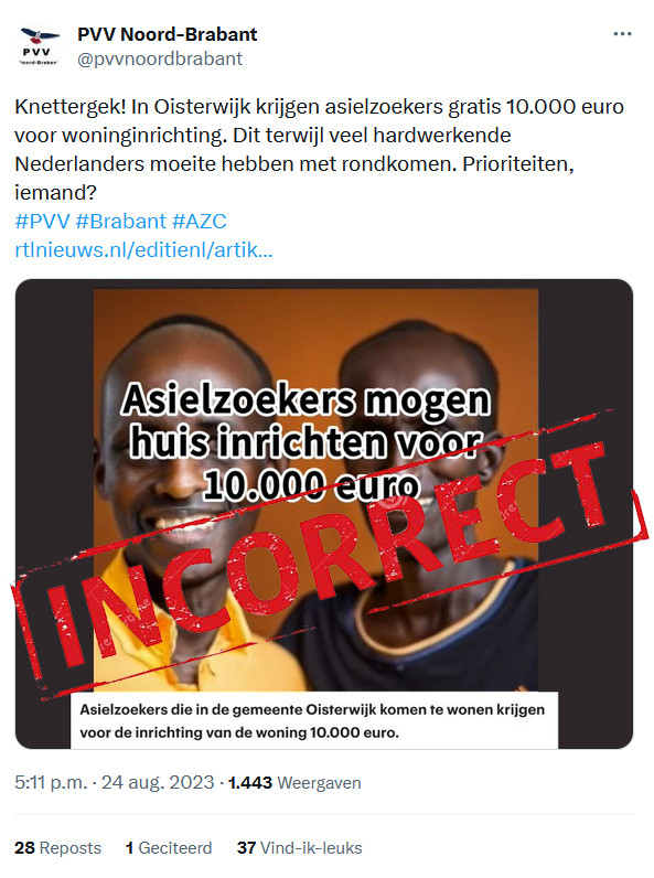 Het bericht van de PVV bevat desinformatie (Bron: X / Twitter PVV Brabant)