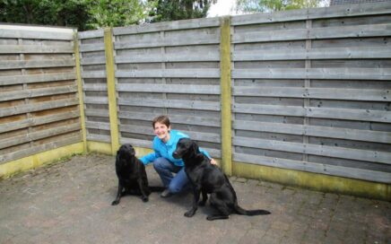 Ook een blindengeleidehond kan niet vertellen of het stoplicht op rood of groen staat. Foto toont Vlaamse Kim Bols met haar toenmalige honden. Ik interviewde haar in 2013